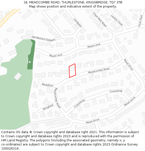 18, MEADCOMBE ROAD, THURLESTONE, KINGSBRIDGE, TQ7 3TB: Location map and indicative extent of plot