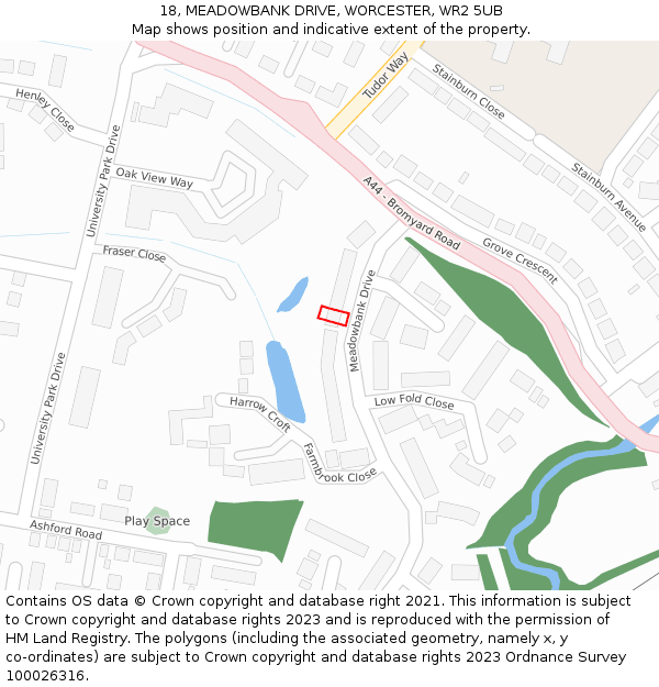 18, MEADOWBANK DRIVE, WORCESTER, WR2 5UB: Location map and indicative extent of plot