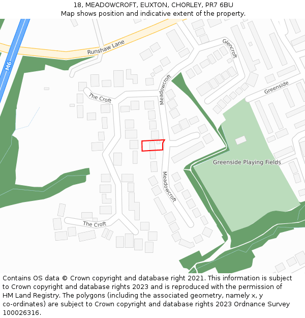 18, MEADOWCROFT, EUXTON, CHORLEY, PR7 6BU: Location map and indicative extent of plot