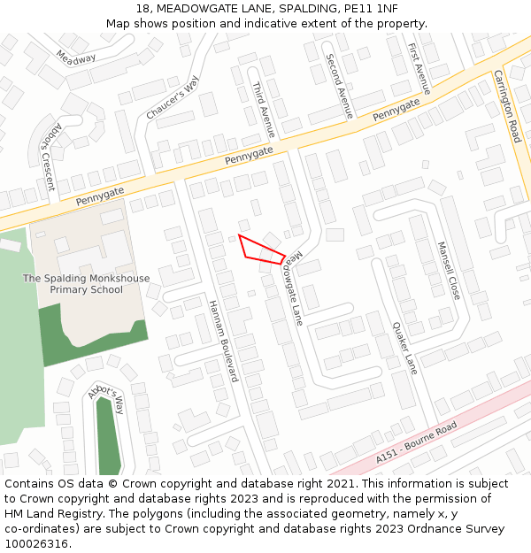 18, MEADOWGATE LANE, SPALDING, PE11 1NF: Location map and indicative extent of plot
