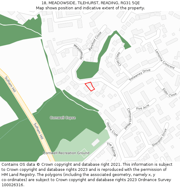 18, MEADOWSIDE, TILEHURST, READING, RG31 5QE: Location map and indicative extent of plot