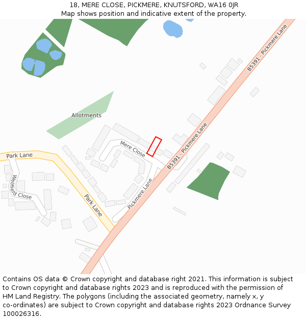 18, MERE CLOSE, PICKMERE, KNUTSFORD, WA16 0JR: Location map and indicative extent of plot