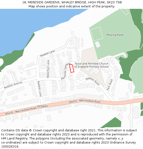 18, MERESIDE GARDENS, WHALEY BRIDGE, HIGH PEAK, SK23 7SB: Location map and indicative extent of plot