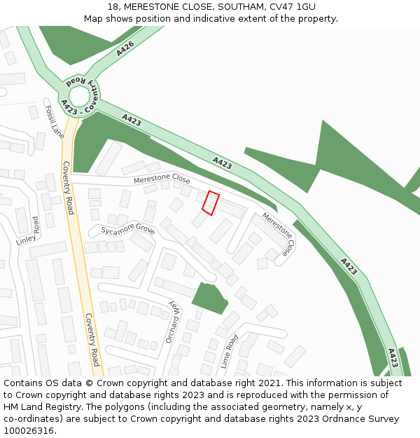 18, MERESTONE CLOSE, SOUTHAM, CV47 1GU: Location map and indicative extent of plot