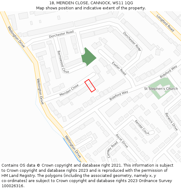 18, MERIDEN CLOSE, CANNOCK, WS11 1QG: Location map and indicative extent of plot