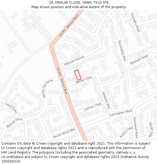 18, MERLAY CLOSE, YARM, TS15 9TE: Location map and indicative extent of plot