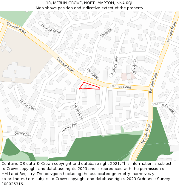 18, MERLIN GROVE, NORTHAMPTON, NN4 0QH: Location map and indicative extent of plot