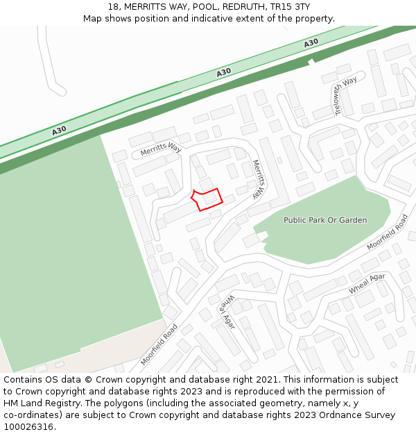 18, MERRITTS WAY, POOL, REDRUTH, TR15 3TY: Location map and indicative extent of plot