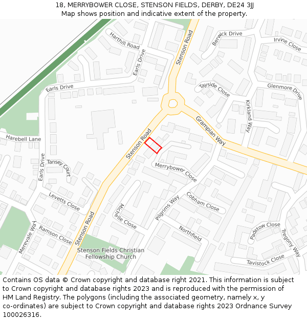 18, MERRYBOWER CLOSE, STENSON FIELDS, DERBY, DE24 3JJ: Location map and indicative extent of plot