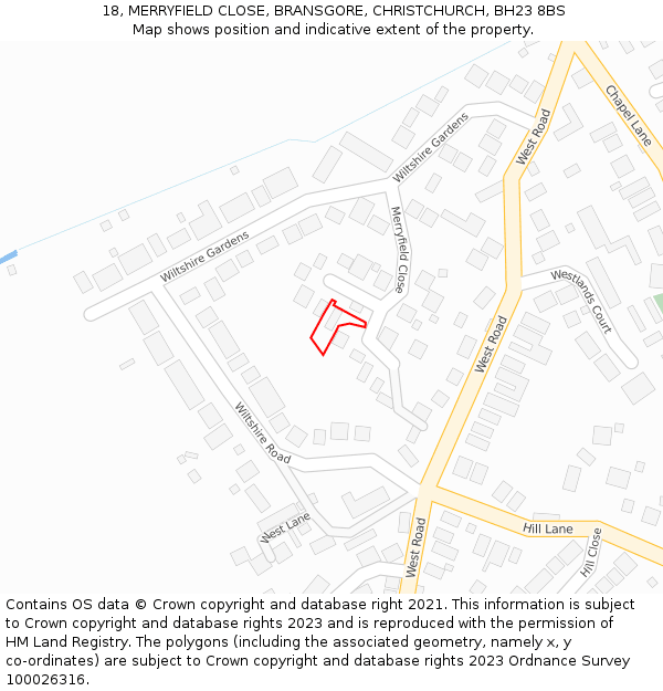 18, MERRYFIELD CLOSE, BRANSGORE, CHRISTCHURCH, BH23 8BS: Location map and indicative extent of plot