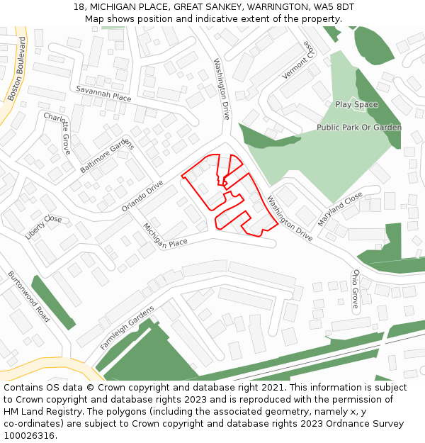 18, MICHIGAN PLACE, GREAT SANKEY, WARRINGTON, WA5 8DT: Location map and indicative extent of plot