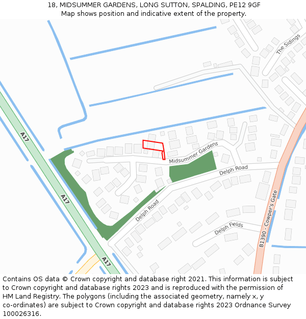 18, MIDSUMMER GARDENS, LONG SUTTON, SPALDING, PE12 9GF: Location map and indicative extent of plot