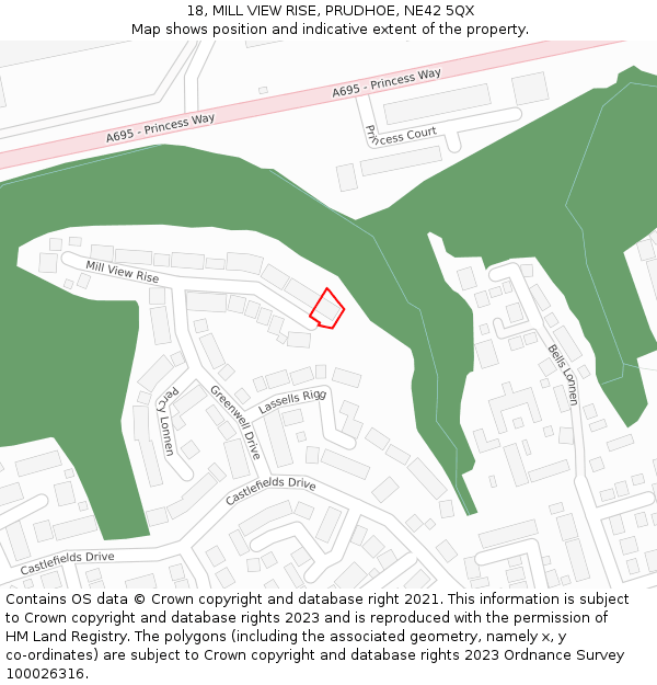 18, MILL VIEW RISE, PRUDHOE, NE42 5QX: Location map and indicative extent of plot