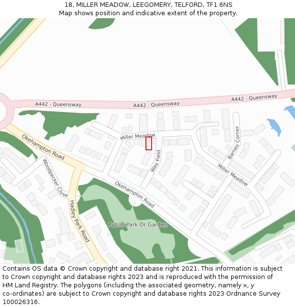 18, MILLER MEADOW, LEEGOMERY, TELFORD, TF1 6NS: Location map and indicative extent of plot