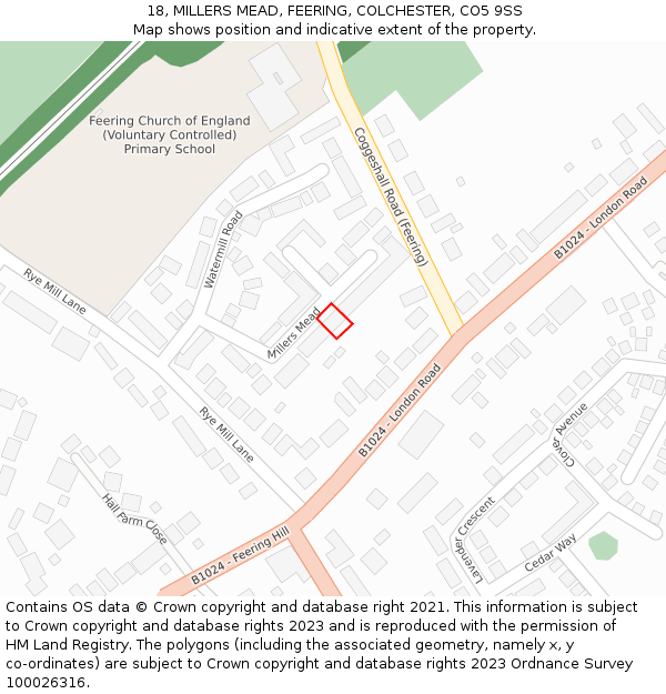 18, MILLERS MEAD, FEERING, COLCHESTER, CO5 9SS: Location map and indicative extent of plot