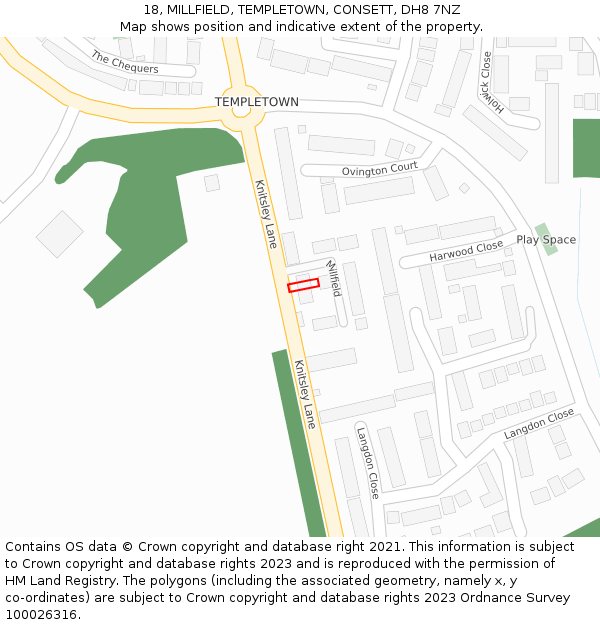 18, MILLFIELD, TEMPLETOWN, CONSETT, DH8 7NZ: Location map and indicative extent of plot