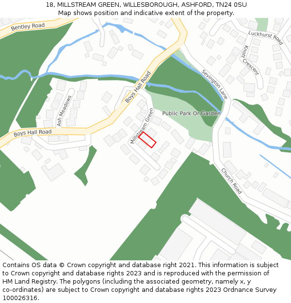 18, MILLSTREAM GREEN, WILLESBOROUGH, ASHFORD, TN24 0SU: Location map and indicative extent of plot