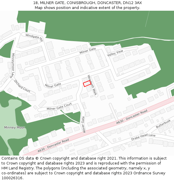 18, MILNER GATE, CONISBROUGH, DONCASTER, DN12 3AX: Location map and indicative extent of plot