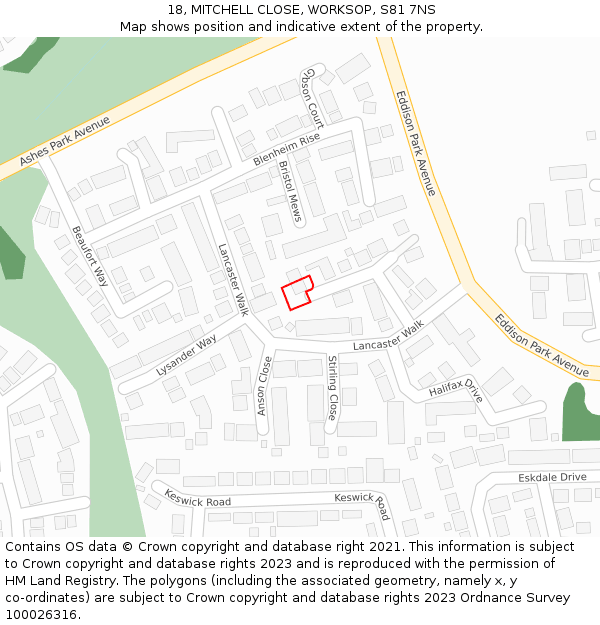 18, MITCHELL CLOSE, WORKSOP, S81 7NS: Location map and indicative extent of plot