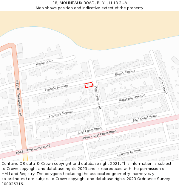 18, MOLINEAUX ROAD, RHYL, LL18 3UA: Location map and indicative extent of plot