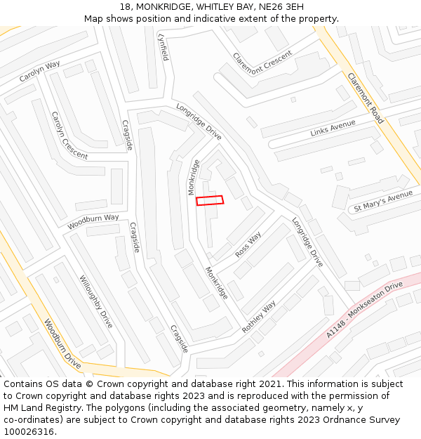 18, MONKRIDGE, WHITLEY BAY, NE26 3EH: Location map and indicative extent of plot