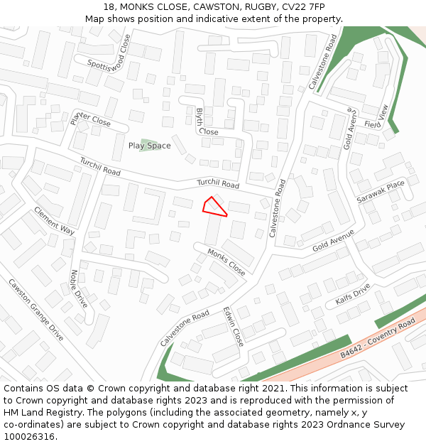 18, MONKS CLOSE, CAWSTON, RUGBY, CV22 7FP: Location map and indicative extent of plot