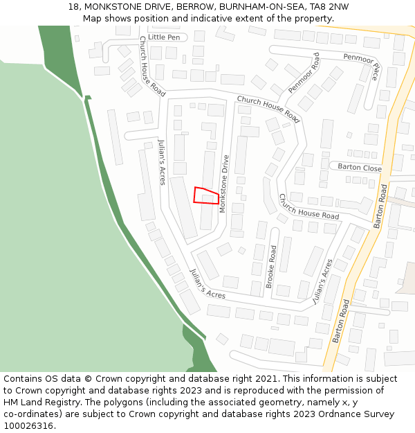 18, MONKSTONE DRIVE, BERROW, BURNHAM-ON-SEA, TA8 2NW: Location map and indicative extent of plot