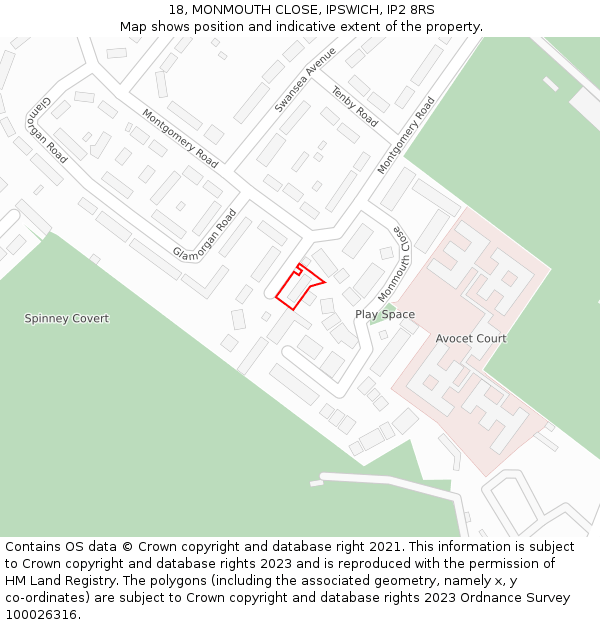 18, MONMOUTH CLOSE, IPSWICH, IP2 8RS: Location map and indicative extent of plot