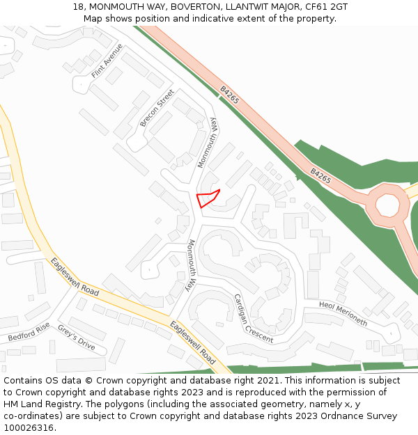 18, MONMOUTH WAY, BOVERTON, LLANTWIT MAJOR, CF61 2GT: Location map and indicative extent of plot