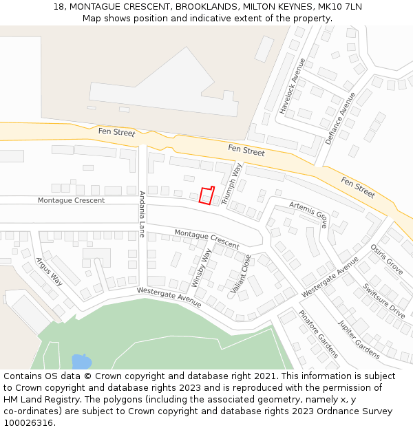 18, MONTAGUE CRESCENT, BROOKLANDS, MILTON KEYNES, MK10 7LN: Location map and indicative extent of plot