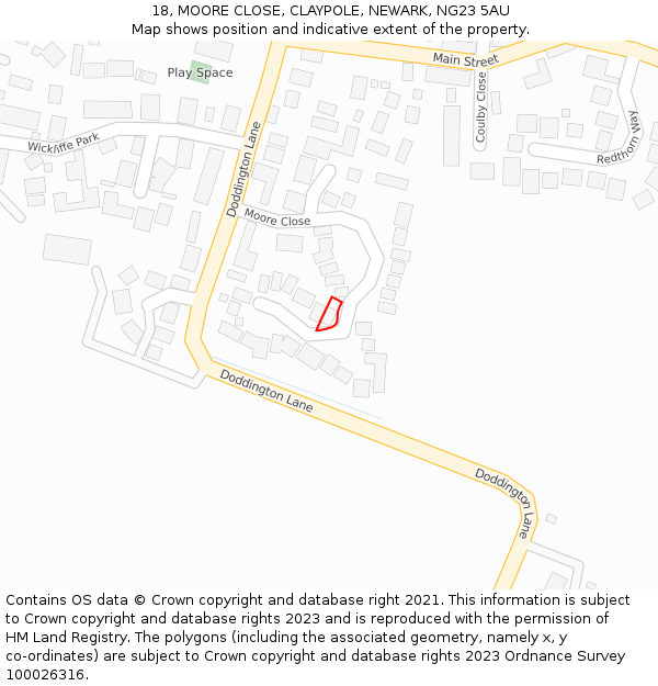 18, MOORE CLOSE, CLAYPOLE, NEWARK, NG23 5AU: Location map and indicative extent of plot