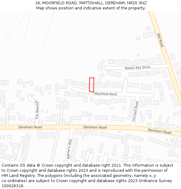 18, MOORFIELD ROAD, MATTISHALL, DEREHAM, NR20 3NZ: Location map and indicative extent of plot