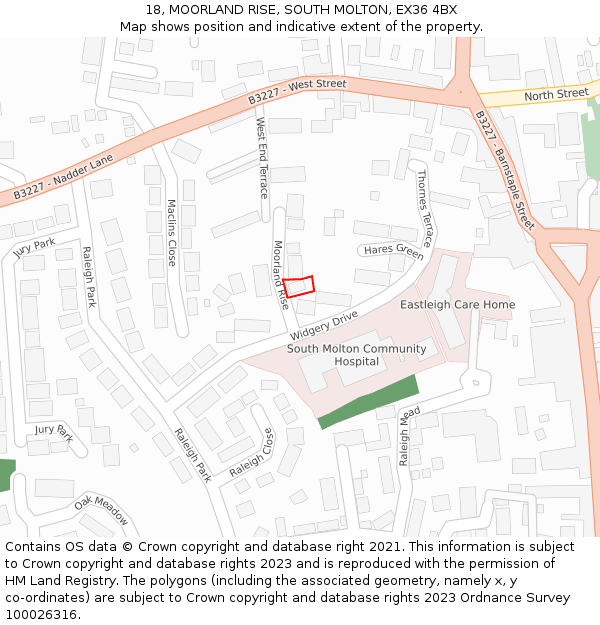 18, MOORLAND RISE, SOUTH MOLTON, EX36 4BX: Location map and indicative extent of plot