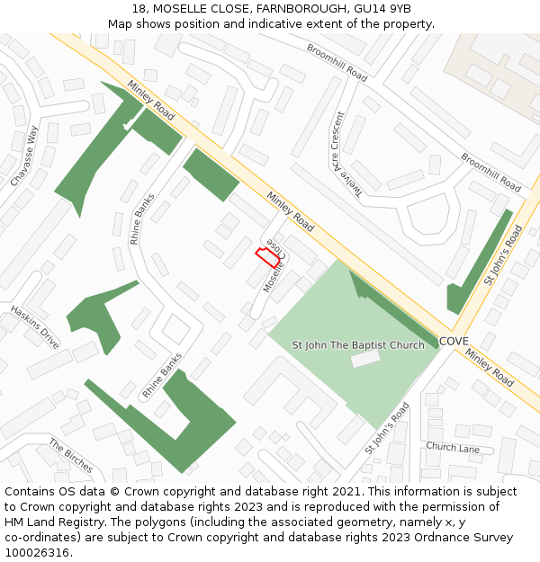 18, MOSELLE CLOSE, FARNBOROUGH, GU14 9YB: Location map and indicative extent of plot
