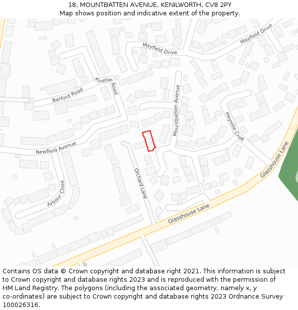 18, MOUNTBATTEN AVENUE, KENILWORTH, CV8 2PY: Location map and indicative extent of plot