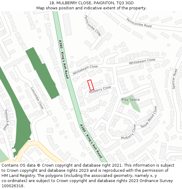 18, MULBERRY CLOSE, PAIGNTON, TQ3 3GD: Location map and indicative extent of plot