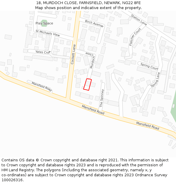 18, MURDOCH CLOSE, FARNSFIELD, NEWARK, NG22 8FE: Location map and indicative extent of plot