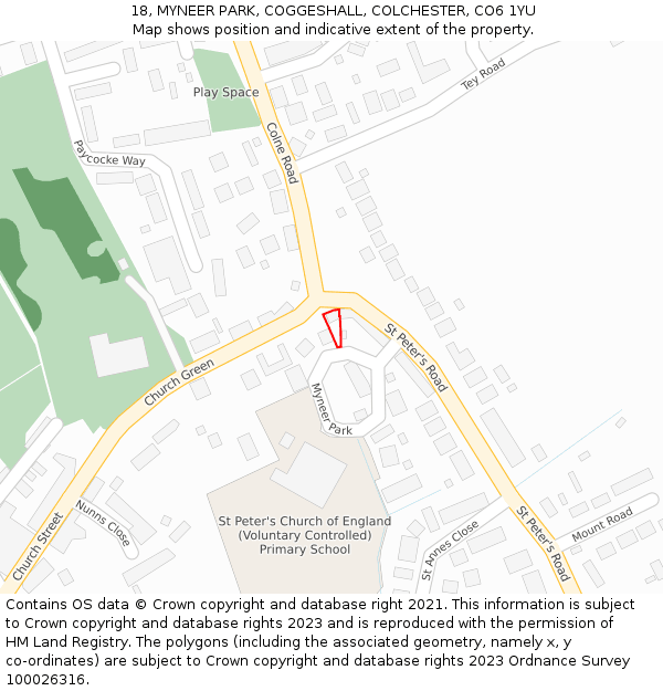 18, MYNEER PARK, COGGESHALL, COLCHESTER, CO6 1YU: Location map and indicative extent of plot