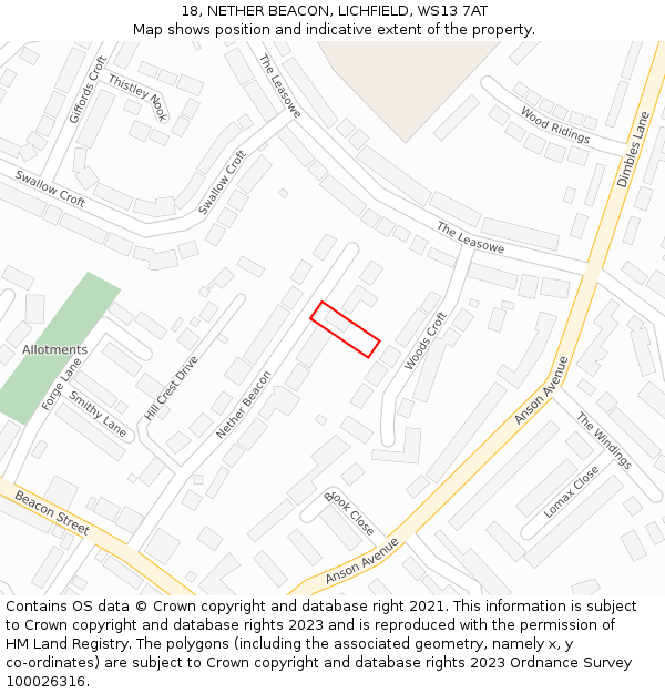 18, NETHER BEACON, LICHFIELD, WS13 7AT: Location map and indicative extent of plot