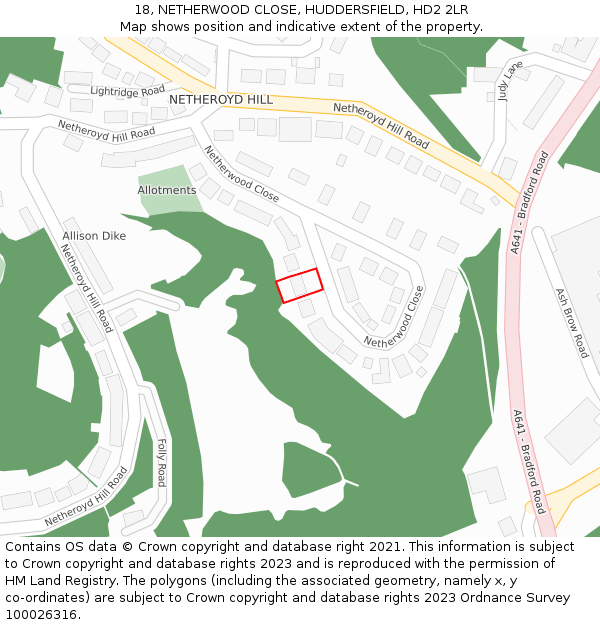 18, NETHERWOOD CLOSE, HUDDERSFIELD, HD2 2LR: Location map and indicative extent of plot