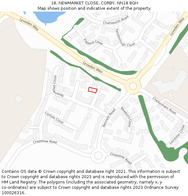 18, NEWMARKET CLOSE, CORBY, NN18 8QH: Location map and indicative extent of plot