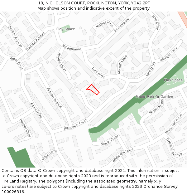 18, NICHOLSON COURT, POCKLINGTON, YORK, YO42 2PF: Location map and indicative extent of plot