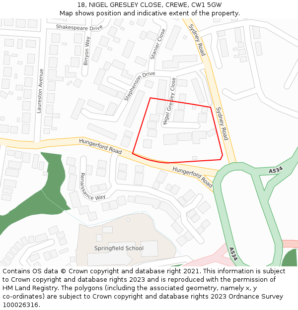 18, NIGEL GRESLEY CLOSE, CREWE, CW1 5GW: Location map and indicative extent of plot