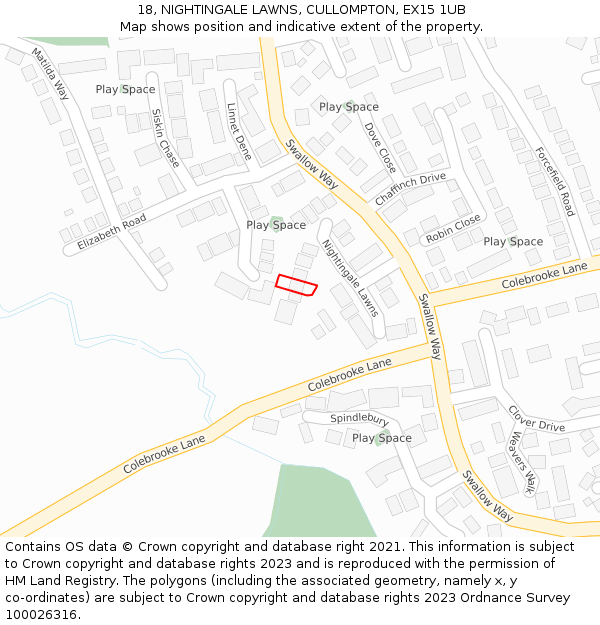 18, NIGHTINGALE LAWNS, CULLOMPTON, EX15 1UB: Location map and indicative extent of plot