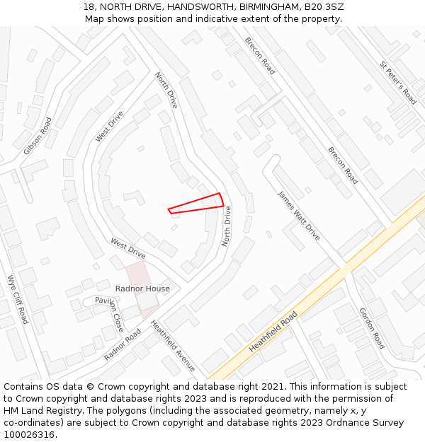 18, NORTH DRIVE, HANDSWORTH, BIRMINGHAM, B20 3SZ: Location map and indicative extent of plot