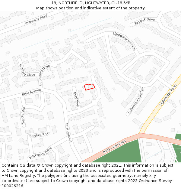 18, NORTHFIELD, LIGHTWATER, GU18 5YR: Location map and indicative extent of plot