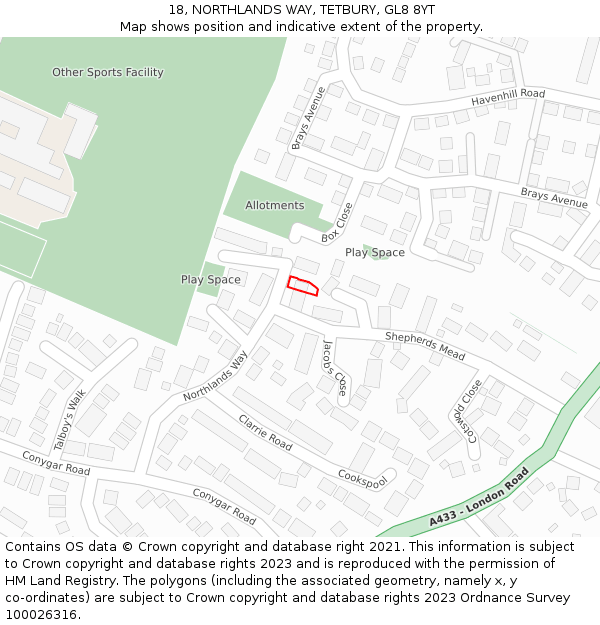 18, NORTHLANDS WAY, TETBURY, GL8 8YT: Location map and indicative extent of plot