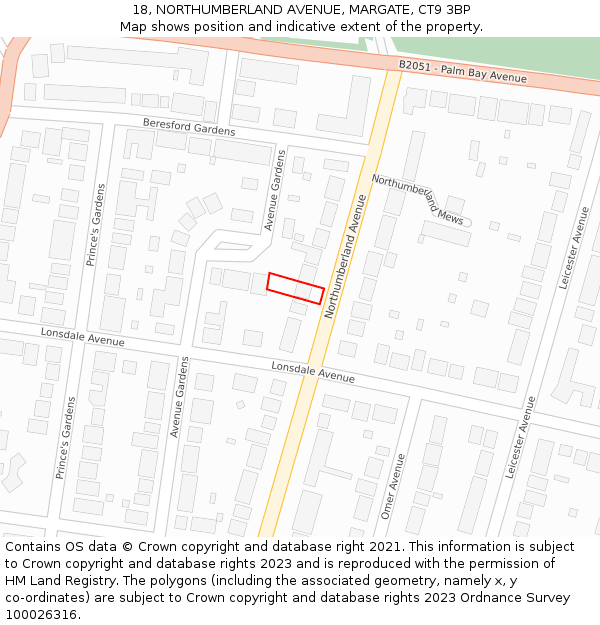 18, NORTHUMBERLAND AVENUE, MARGATE, CT9 3BP: Location map and indicative extent of plot