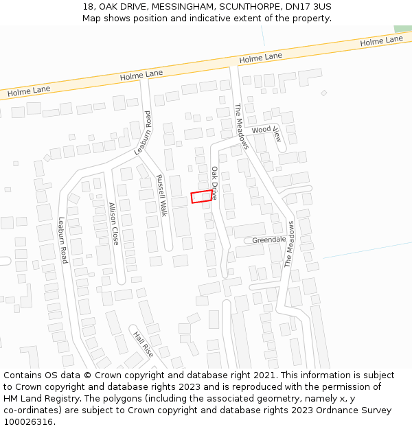 18, OAK DRIVE, MESSINGHAM, SCUNTHORPE, DN17 3US: Location map and indicative extent of plot