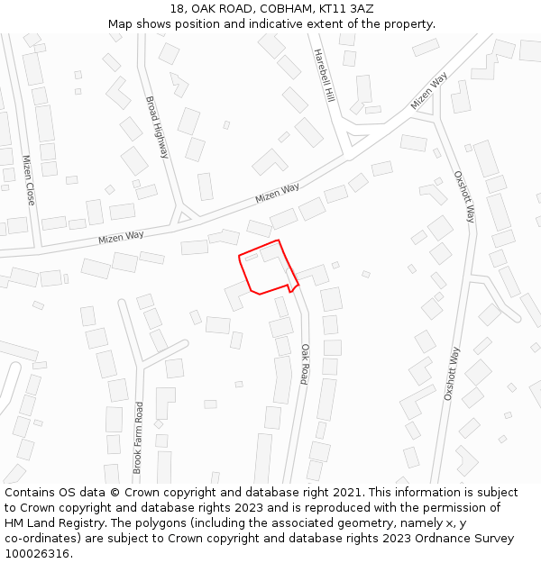 18, OAK ROAD, COBHAM, KT11 3AZ: Location map and indicative extent of plot